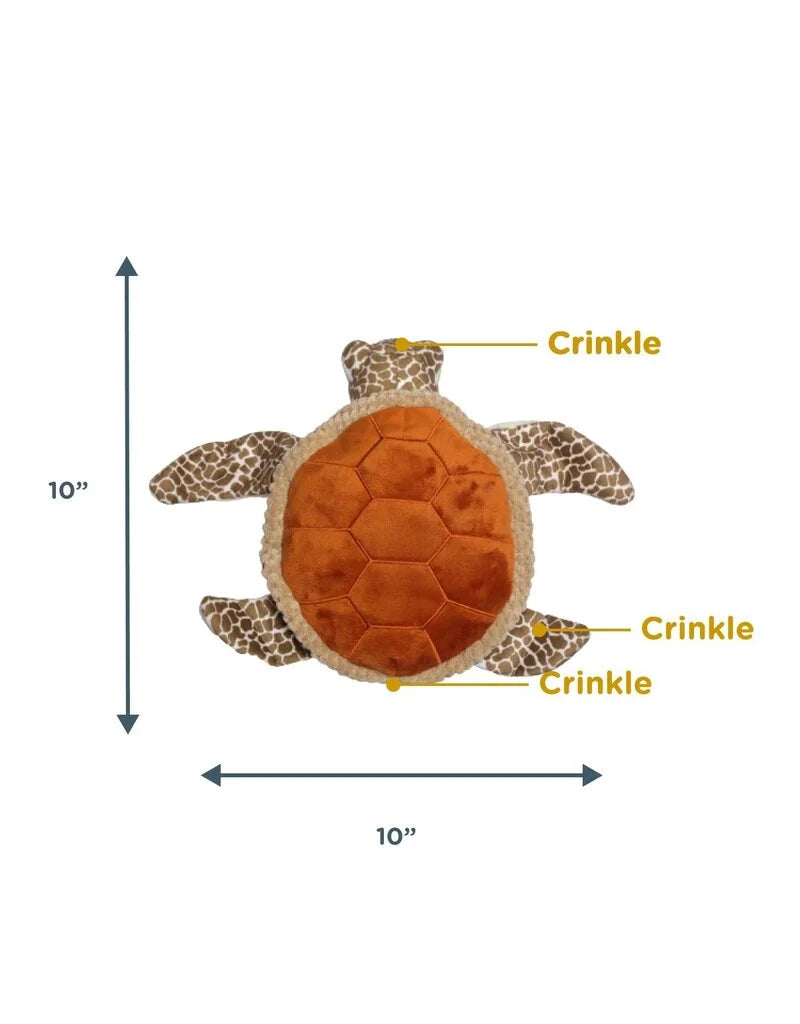 Tall Tails 9” Animated Sea Turtle Plush Toy with squeaker sewn securely into pouch, reinforced mesh for durability, and stuffing made from 100% recycled bottles.