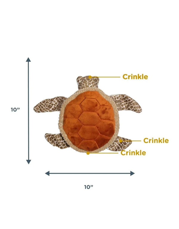 Tall Tails 9” Animated Sea Turtle Plush Toy with squeaker sewn securely into pouch, reinforced mesh for durability, and stuffing made from 100% recycled bottles.