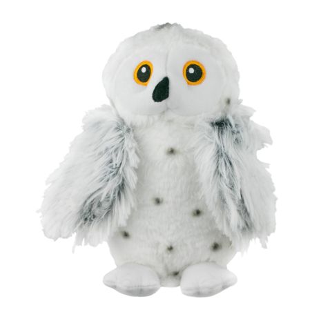 Tall Tails 8” Animated Snow Owl Plush Dog Toy with twitchy wings, reinforced mesh fabric, and safe squeaker for interactive, durable, and cuddly play.
