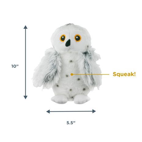 Tall Tails Animated Snow Owl Plush Toy shown with 8” x 5.5” dimensions, perfectly sized for small to medium dogs who love interactive play and comfort.