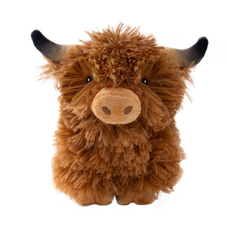 Tall Tails Highland Cow Dog Toy showing 8″ plush design with reinforced mesh fabric, soft baby-like texture, and squeaker for safe, comforting play.