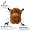 Tall Tails Highland Cow Plush Dog Toy highlighting its ideal size for medium to large dogs, realistic soft fabric for comfort, and grunting squeaker for sensory play.