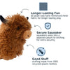 Tall Tails Highland Cow Plush Dog Toy with squeaker sewn securely into a pouch, reinforced mesh for longer-lasting play, and eco stuffing from 100% recycled plastic bottles.