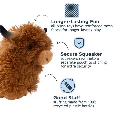 Tall Tails Highland Cow Plush Dog Toy with squeaker sewn securely into a pouch, reinforced mesh for longer-lasting play, and eco stuffing from 100% recycled plastic bottles.