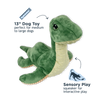Tall Tails Nessie Plush Dog Toy highlighting its ideal 13” size, soft plush fabric for comfort, rope interior for strength, and squeaker for sensory play stimulation.