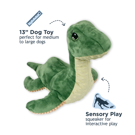 Tall Tails Nessie Plush Dog Toy highlighting its ideal 13” size, soft plush fabric for comfort, rope interior for strength, and squeaker for sensory play stimulation.