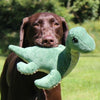 Chocolate Lab holding Tall Tails 13” Nessie Plush Dog Toy, showcasing its rope body durability, soft plush exterior, and squeaker for engaging play and bonding.