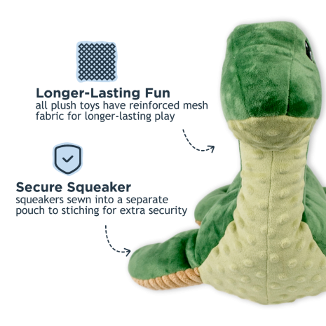 Tall Tails 13” Nessie Plush Dog Toy with squeaker sewn securely into a pouch, reinforced mesh fabric for longer-lasting play, and eco stuffing from recycled bottles.