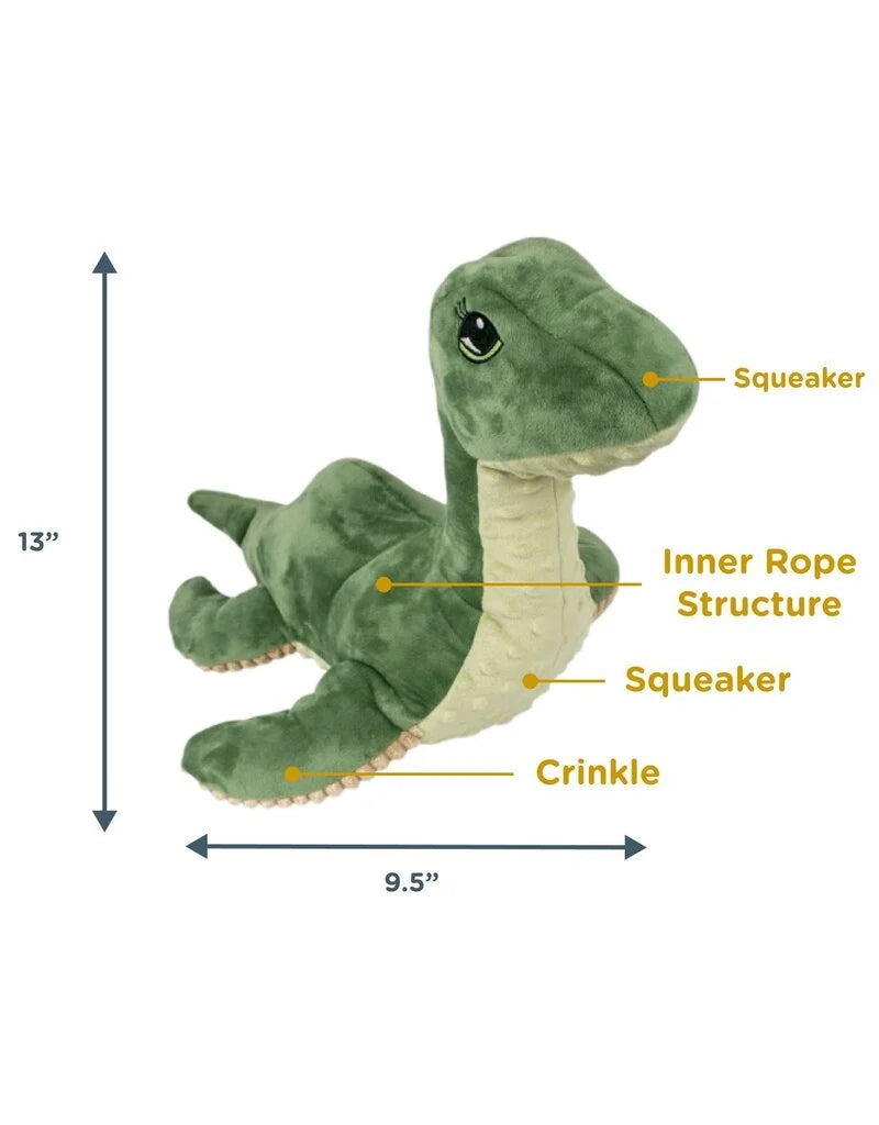 Tall Tails Nessie Plush Dog Toy shown with 13” x 9.5” dimensions, the perfect size for medium to large dogs who enjoy tugging, fetching, and plush comfort.
