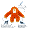 Tall Tails 14” Orangutan Plush Dog Toy showing benefits including rope interior for strength, squeaker for sensory stimulation, and soft fabric for comfort.