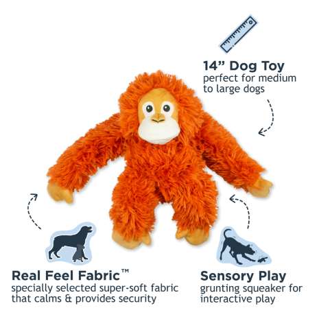 Tall Tails 14” Orangutan Plush Dog Toy showing benefits including rope interior for strength, squeaker for sensory stimulation, and soft fabric for comfort.