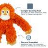 Tall Tails 14” Orangutan Plush Dog Toy featuring squeaker sewn securely into separate pouch, reinforced mesh for longer-lasting play, and eco stuffing from recycled bottles.
