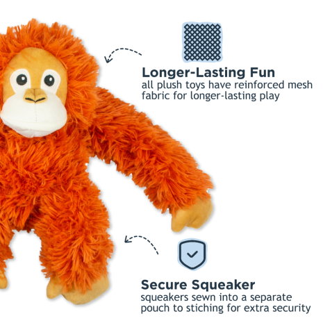 Tall Tails 14” Orangutan Plush Dog Toy featuring squeaker sewn securely into separate pouch, reinforced mesh for longer-lasting play, and eco stuffing from recycled bottles.