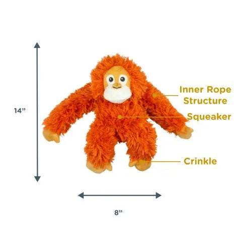 Tall Tails Orangutan Plush Dog Toy displayed with dimensions 14” x 8”, ideal size for medium to large dogs that love interactive play and comfort.