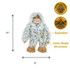 Tall Tails Yeti Plush Dog Toy displayed with dimensions 14” x 8”, perfectly sized for medium to large dogs who enjoy tugging, cuddling, and sensory play.