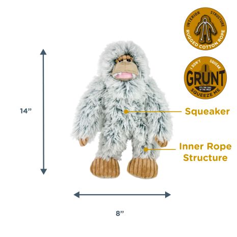 Tall Tails Yeti Plush Dog Toy displayed with dimensions 14” x 8”, perfectly sized for medium to large dogs who enjoy tugging, cuddling, and sensory play.