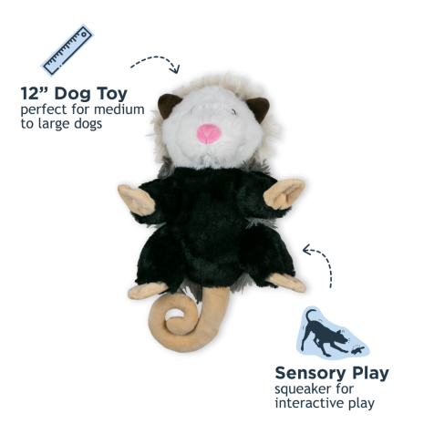Tall Tails Plush Possum Dog Toy with 11″ size ideal for medium to large dogs, featuring grunt squeaker, soft realistic fabric, and rope body for durability.