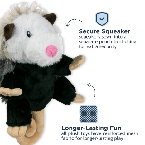 Close-up of Tall Tails Plush Possum Toy showing squeaker sewn securely into separate pouch, reinforced mesh fabric, and rope interior for safer, longer-lasting play.