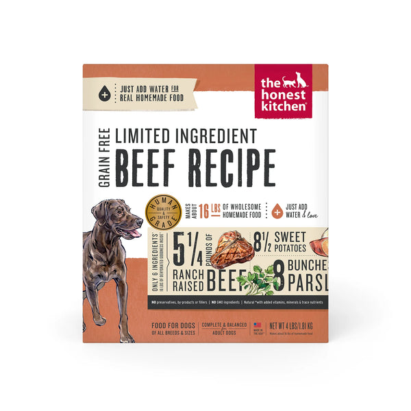 Front view of the 4 lb box of The Honest Kitchen Dehydrated Dog Food - Limited Ingredient Beef, featuring the product label and key nutritional information.