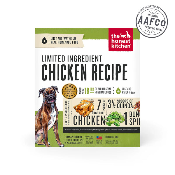 Front view of The Honest Kitchen - Dehydrated Dog Food - Limited Ingredient Chicken, 4 lb box, highlighting premium quality and free-range chicken.