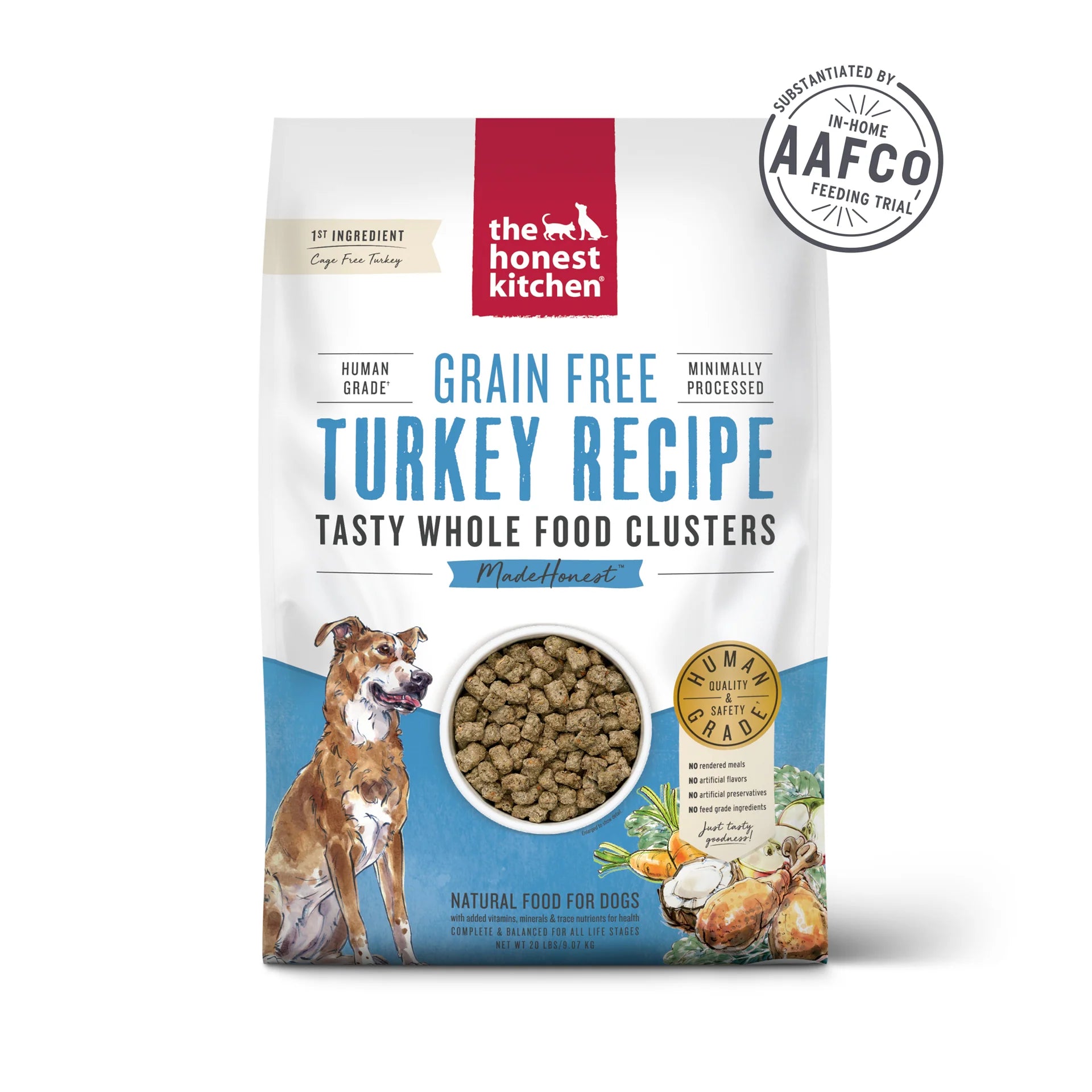 The Honest Kitchen Whole Food Clusters - Grain Free Turkey dog food bag, highlighting human grade quality.