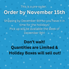 Informational image indicating that our holiday gift boxes are available for preorder, with boxes ready to ship starting the week of December 9th, just in time for holiday gifting.