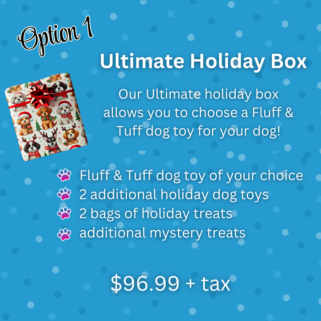 The Ultimate Holiday Box for dogs, showcasing a premium Fluff & Tuff toy, two holiday-themed toys, two holiday treats, and a surprise treat for extra festive fun.