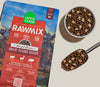 Bag displayed with a full bowl and scoop of protein-rich dog food, highlighting freeze-dried raw chunks, beef bone broth coating, and ancient grains that promote healthy digestion, energy, and lean muscle support