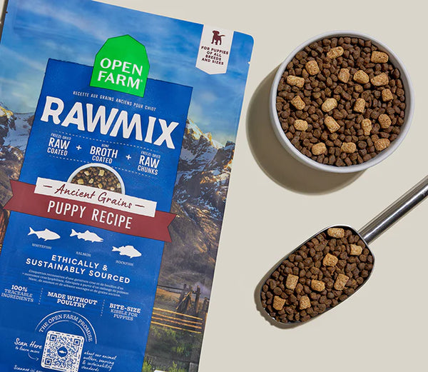 Open Farm RawMix Puppy food bag beside a full bowl and scoop of kibble mixed with freeze-dried raw chunks, showcasing high-protein fish recipe, ancient grains, and nutrient-rich puppy nutrition.