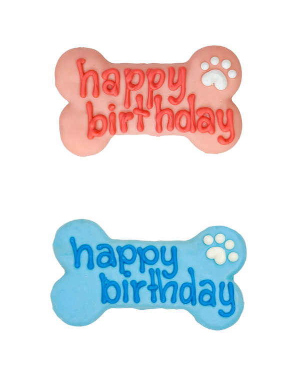 "Bosco & Roxy Happy Birthday Bone in blue and pink – Premium, sustainable dog birthday treat made with love and wholesome ingredients from the Birthday Collection, perfect for eco-conscious pet owners"