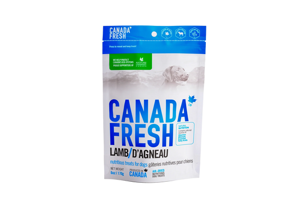 Front of PetKind Canada Fresh Lamb Treats bag, featuring all-natural, air-dried dog treats made from fresh lamb.