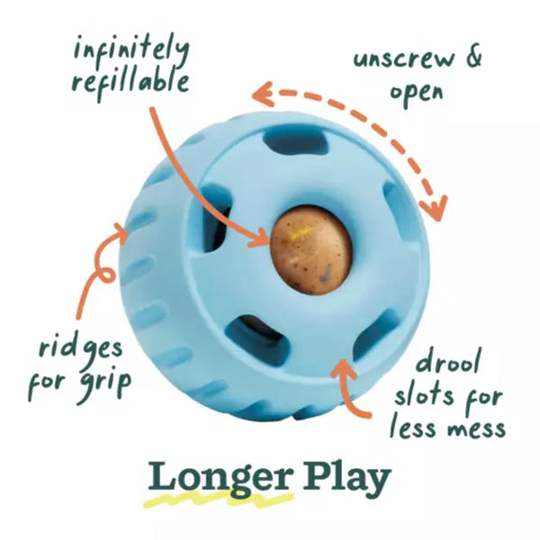 Woof Pupsicle Dog Toy in Party Blue showing the benefits such as infinitely refillable, unscrews to open, ridges for grip and drool slots for less mess.