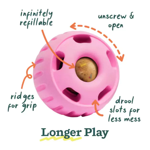 Woof Pupsicle Dog Toy in Party Pink showing the benefits of infinitely refillable, unscrew it to open.  Ridges for grip and drool slots for less mess