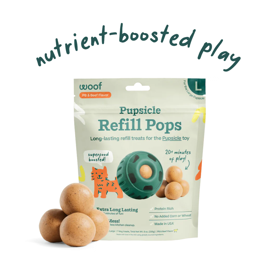 Image of Woof’s Pupsicle Refill Pops in Beef & Peanut Butter packaging, highlighting long-lasting and high-quality ingredients.