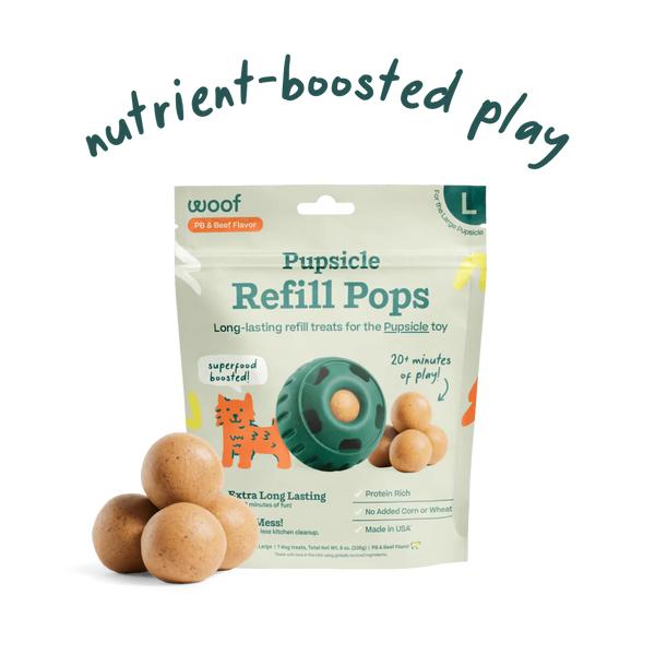 Image of Woof’s Pupsicle Refill Pops in Beef & Peanut Butter packaging, highlighting long-lasting and high-quality ingredients.