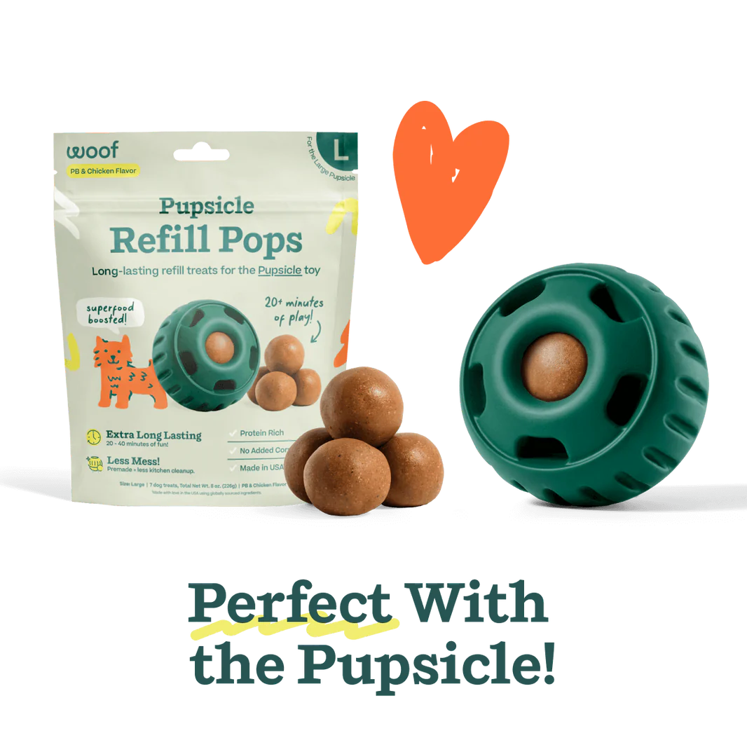 Image showing Woof’s Pupsicle Refill perfectly fitting into the Pupsicle toy for convenient and mess-free fun.