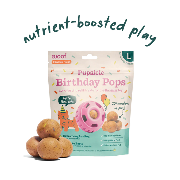 Front of Woof Pupsicle Refill Pops – Birthday Pops bag featuring colourful, dog-safe sprinkles and birthday cake-inspired treats. Highlights the benefits of these naturally delicious, long-lasting frozen pops that fit perfectly in the Woof Pupsicle for safe, mess-free, celebratory fun on birthdays, Gotcha Days, or any day your pup deserves a treat.