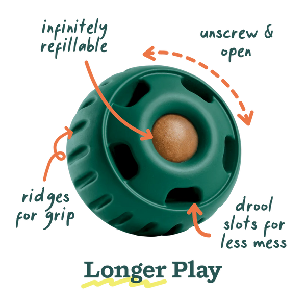 Close-up of the Woof Pupsicle with arrows highlighting benefits such as the twist-open design, easy cleaning, and durable materials.