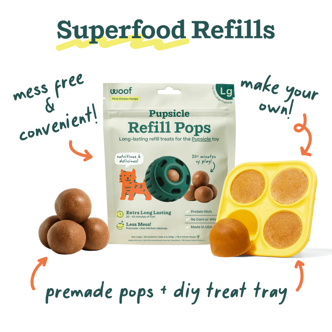 Display of superfood refills and DIY molds for the Woof Pupsicle, showcasing options for long-lasting, healthy treat-filled fun.