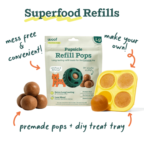 Display of superfood refills and DIY molds for the Woof Pupsicle, showcasing options for long-lasting, healthy treat-filled fun.