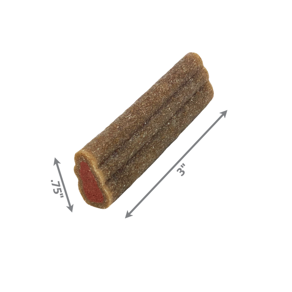 Image displaying the measurements of the small KONG Ziggie chew, showing its ideal size for smaller breeds while offering effective gum and dental support.