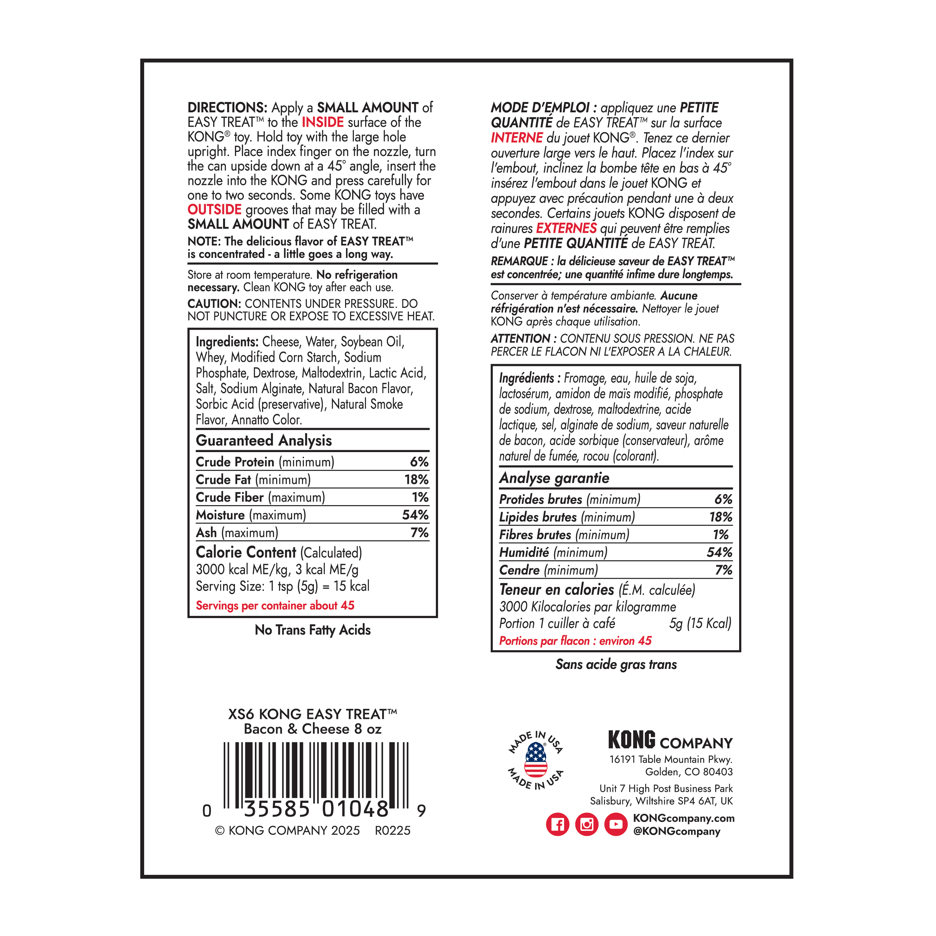 Image of the KONG Easy Treat Bacon & Cheese nutrition label, emphasizing high digestibility, made in the USA, and no refrigeration required benefits.