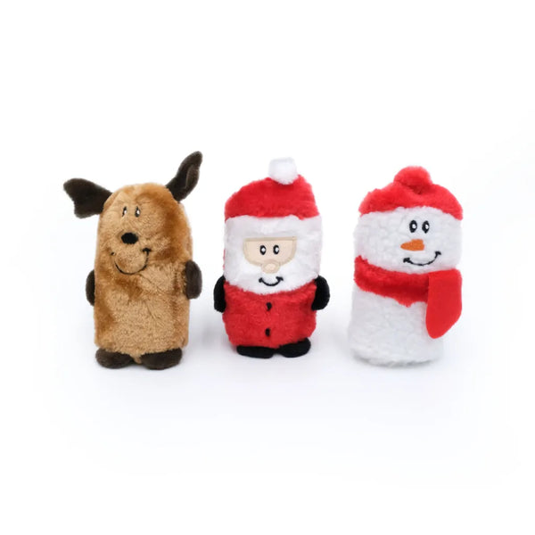 Front view of ZippyPaws Holiday Squeaky Bundle showing Santa, Reindeer, and Snowman toys, each with a Blaster squeaker for engaging, mess-free playtime.