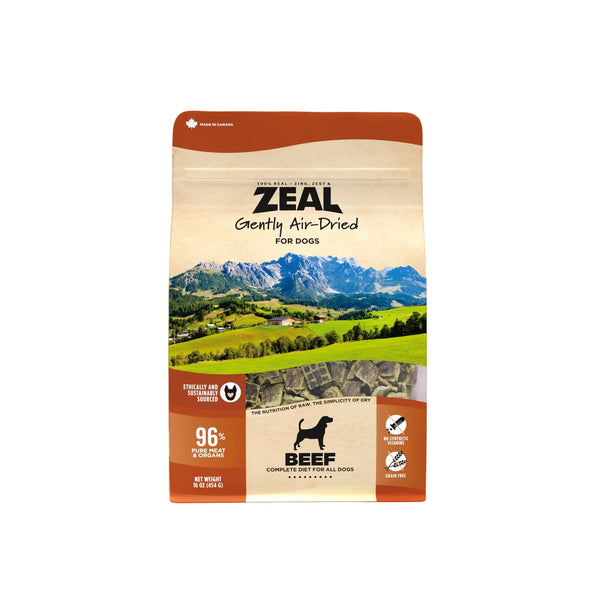 Front view of Zeal Gently Air Dried Beef Dog Food bag highlighting high-protein Canadian-made air-dried nutrition made with 96% meat and organs for healthy muscles, energy, and picky eaters