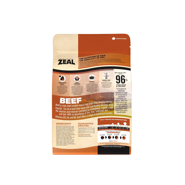 Back of Zeal Gently Air Dried Beef Dog Food packaging displaying feeding guidelines, nutritional information, premium ingredients, and air-dried benefits for optimal canine health