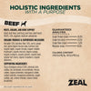 Nutritional analysis panel for Zeal Gently Air Dried Beef Dog Food highlighting high protein content, essential vitamins, minerals, amino acids, and balanced canine nutrition