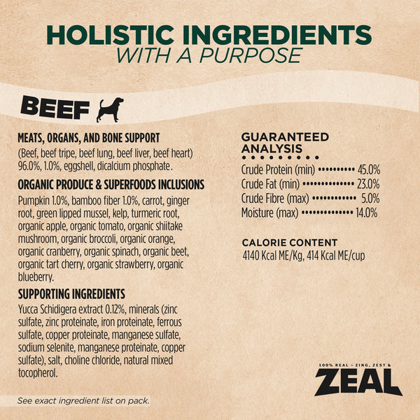 Nutritional analysis panel for Zeal Gently Air Dried Beef Dog Food highlighting high protein content, essential vitamins, minerals, amino acids, and balanced canine nutrition