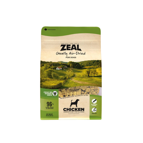 Front of the Zeal Gently Air Dried Chicken dog food bag highlighting high-protein air-dried nutrition made with 96 percent meat and organs, designed to support muscle health, energy, and picky eaters with minimally processed ingredients.