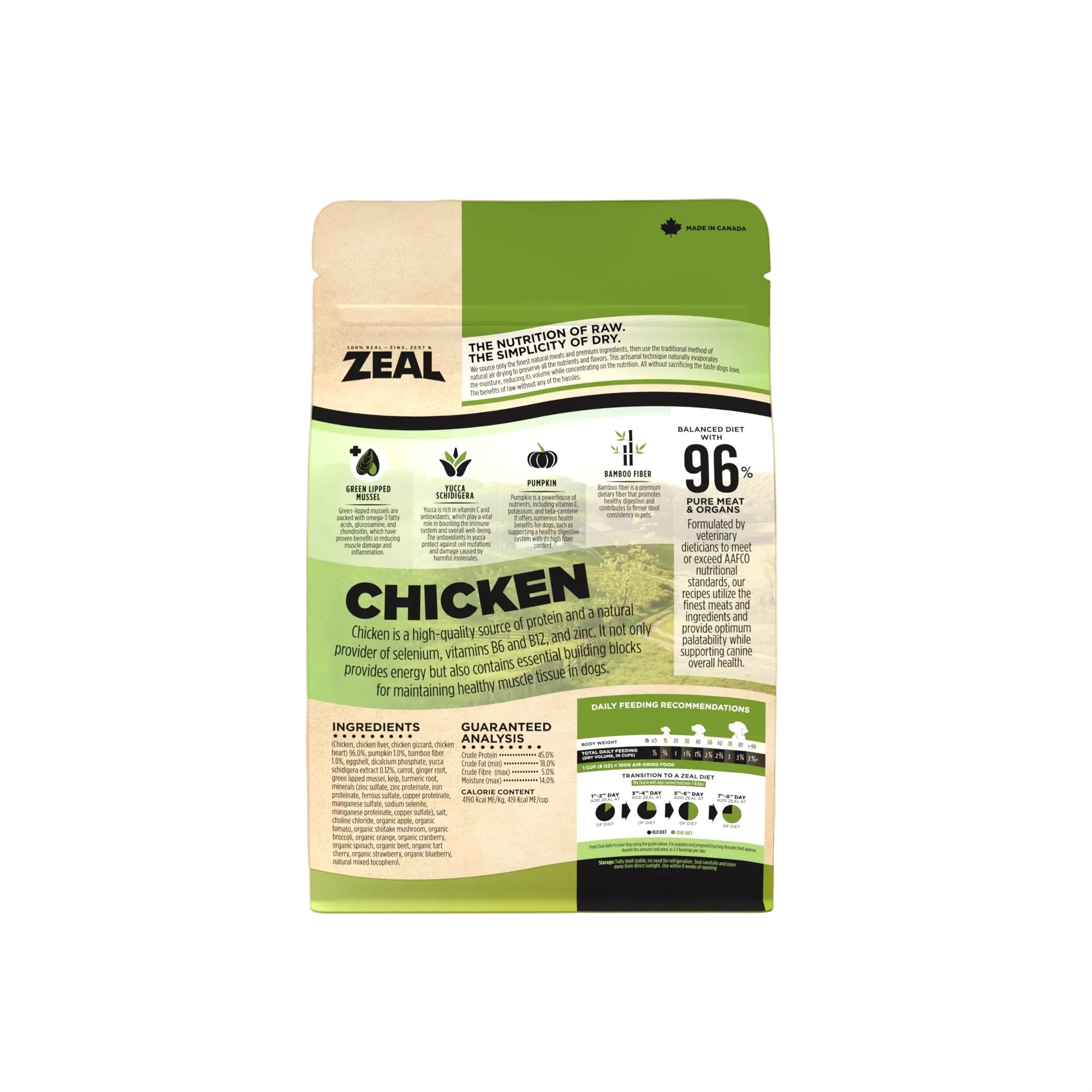 Back of the Zeal air-dried chicken dog food bag displaying feeding information, ingredient transparency, nutritional benefits, and naturally sourced vitamins and minerals that support complete canine wellness.