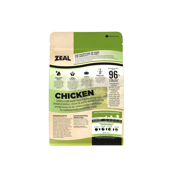 Back of the Zeal air-dried chicken dog food bag displaying feeding information, ingredient transparency, nutritional benefits, and naturally sourced vitamins and minerals that support complete canine wellness.